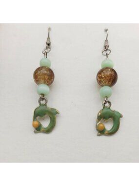 Green & Brown Dolphin Dangle Earrings With Glass Beads & Fishhook Backs